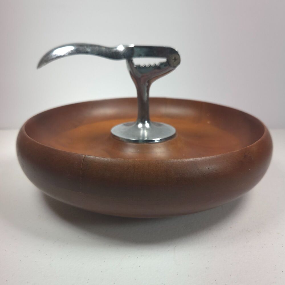 Hellerware Wood Nut Bowl w Built In Nutcracker Mid Century